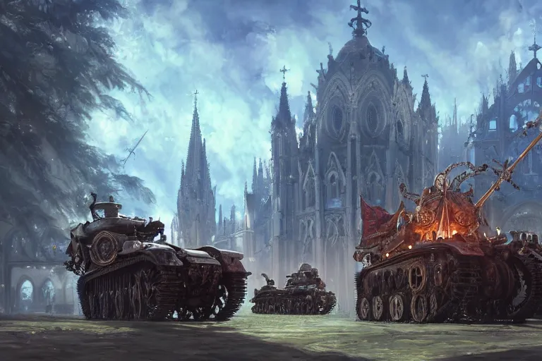 Image similar to a mobile driving ornate cathedral church mounted on a tank with chain drive, warhammer 4 0, scene in an open field. key visual, conceptart, ambient lighting, highly detailed, digital painting, artstation, concept art, sharp focus, by makoto shinkai and akihiko yoshida and kris kuksi