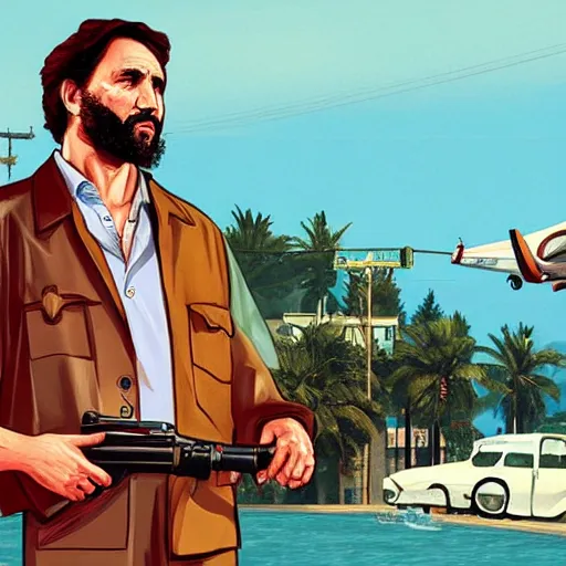 Prompt: justin trudeau as fidel castro in GTA V, cover art by Stephen Bliss, no text