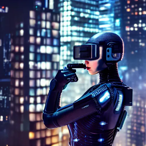 Image similar to cinestill 5 0 d candid photographic portrait of a techwear woman holding a gun on the rooftop of a futuristic city at night, closeup, modern cyberpunk moody emotional cinematic, clear skies, 8 k, hd, high resolution, 3 5 mm, f / 3 2, ultra realistic faces, ex machina