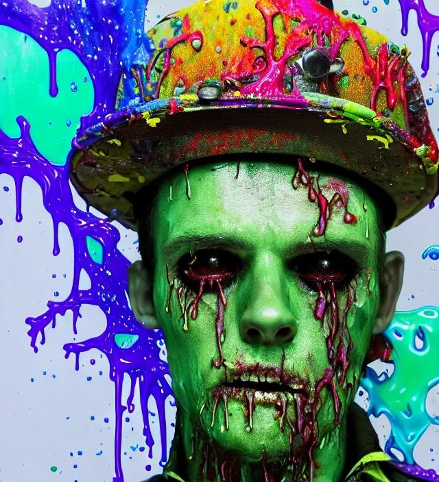 Image similar to beautiful 3 5 mm photograph of a slimy rotting zombie wearing a police uniform and police hat covered in colorful wet goop, dripping with colorful liquid, policeman, cop, biocop, intricate details, dark ambient, service cap, atmospheric, movie poster, poster, horror, elegant, super highly detailed, professional digital photo, artstation, concept art, 8 k