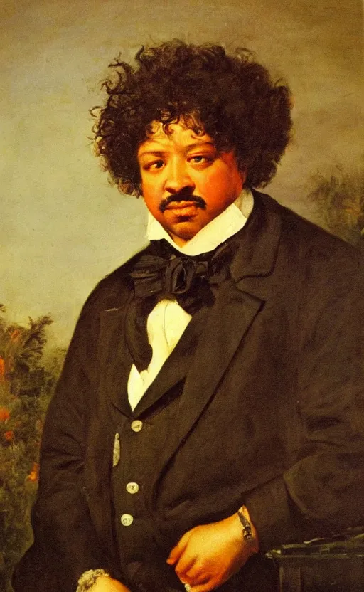 Image similar to Portrait of Alexandre Dumas, oil on canvas, highly detailed, by Delacroix, 8k