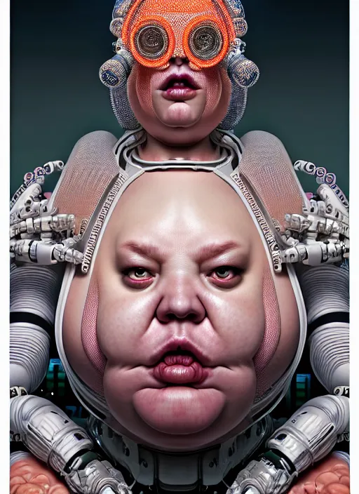 Image similar to portrait of an absurdly ugly, awful disgusting fat gross woman, fashionable cyberpunk mechanoid, hong kongcity, hyperdetailed illustration by irakli nadar and alexandre ferra, intricate linework, white porcelain skin, faberge, coral headdress, unreal engine 5 highly rendered, global illumination, radiant light, detailed and intricate environment