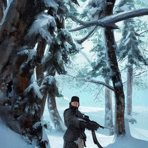 Image similar to a man holding a gun in snow in a couple of trees surrounding the man head view by greg rutkowski