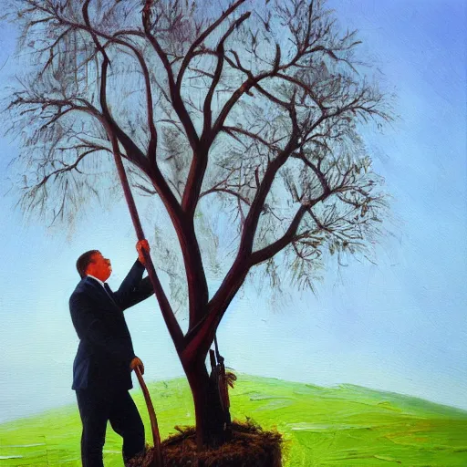 Prompt: viktor orban pruning a tree, oil painting