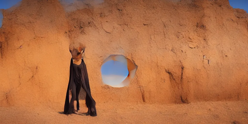 Prompt: levitating woman with full - face golden mask in a dry rocky desert landscape, visible sky and sunny atmosphere, fata morgana giant mirrors by alejandro jodorowsky, anamorphic lens, kodakchrome, practical effects, 8 k