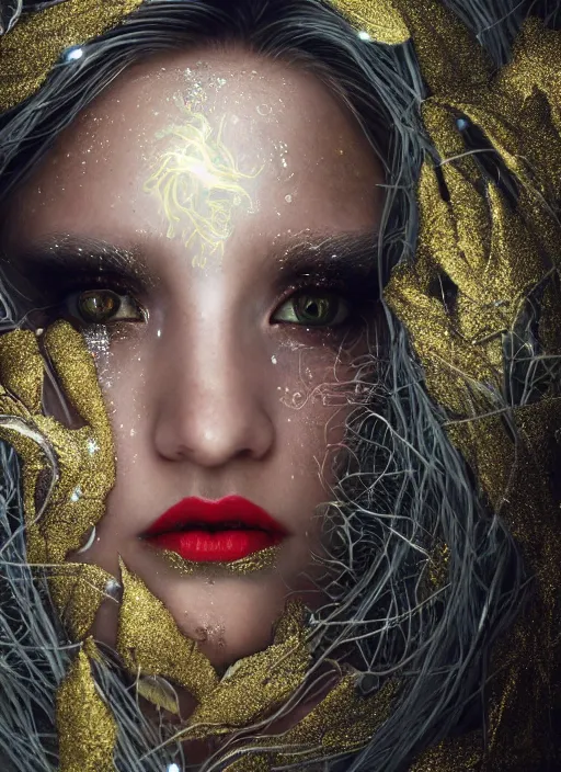 Image similar to glowing silver and golden elements, full close-up portrait, dark witch from shutterstock, book cover, green forest, white moon, red lips, establishing shot, extremly high detail, photo-realistic, cinematic lighting, pen and ink, intricate line drawings, by Yoshitaka Amano, Ruan Jia, Kentaro Miura, Artgerm, post processed, concept art, artstation, matte painting, style by eddie, raphael lacoste, alex ross