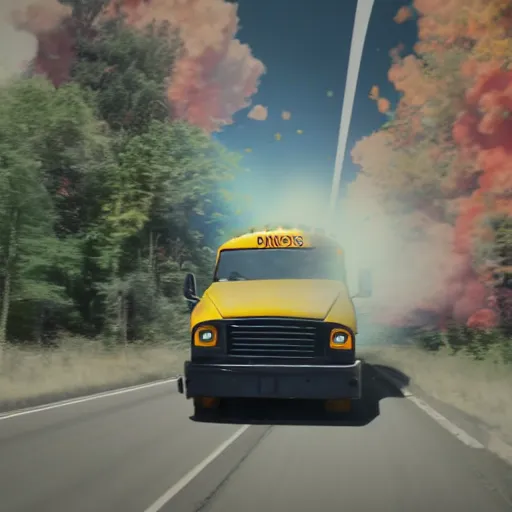 Prompt: school bus breaks the sound barrier, rendering, octane, action, 8 k, movie still,