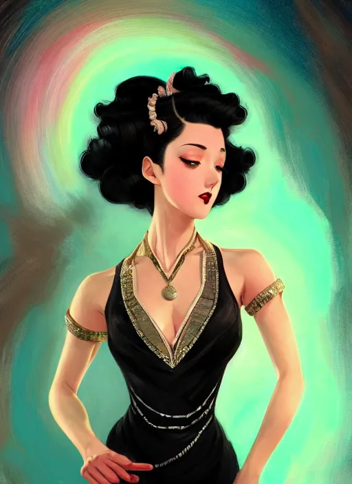 Image similar to a beautiful dancer with black hair in 1930's fashion, ballroom background, intricate, highly detailed, digital painting, artstation, official media, anime key visual, concept art, rich vivid colors, ambient lighting, sharp focus, illustration, art by Artgerm, Makoto Shinkai, Ilya Kuvshinov, Lois Van Baarle, and Rossdraws