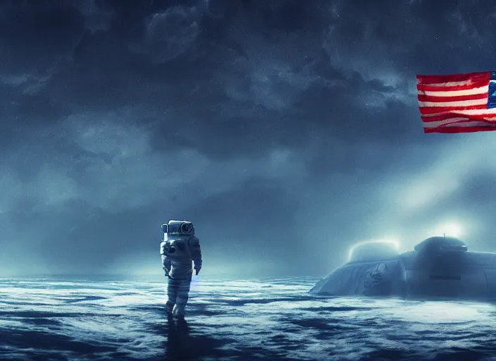 Image similar to astronaut holding a flag in an underwater desert. a submarine is visible in the distance. dark, concept art, cinematic, dramatic, atmospheric, 8 k, trending on artstation, blue, fish, low visibility, fog, ocean floor, christopher nolan, interstellar