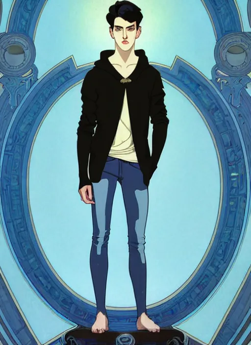 Image similar to well - lit art nouveau portrait of a young man with short black hair, light blue eyes, pale skin, serious expression, jeans and a black hoodie, natural lighting, path traced, highly detailed, high quality, cartoon, digital painting, by don bluth and ross tran and studio ghibli and alphonse mucha