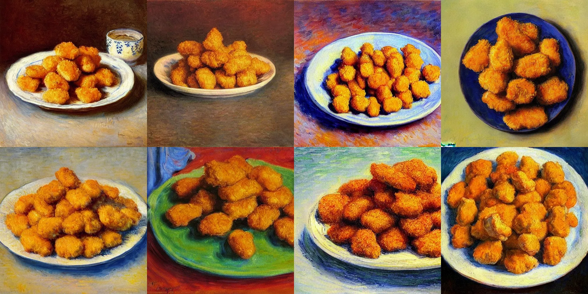 Prompt: a beautiful painting of a plate full of chicken nuggets. Painted by Monet, Rembrandt, Pablo Picasso