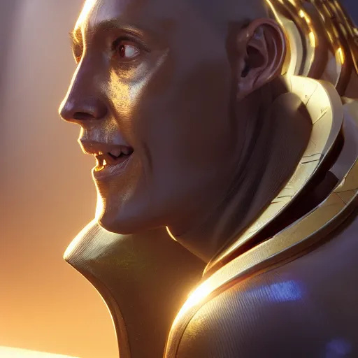 Image similar to portrait of human gold reflect chrome, 8 k uhd, unreal engine, octane render in the artstyle of finnian macmanus, john park and greg rutkowski