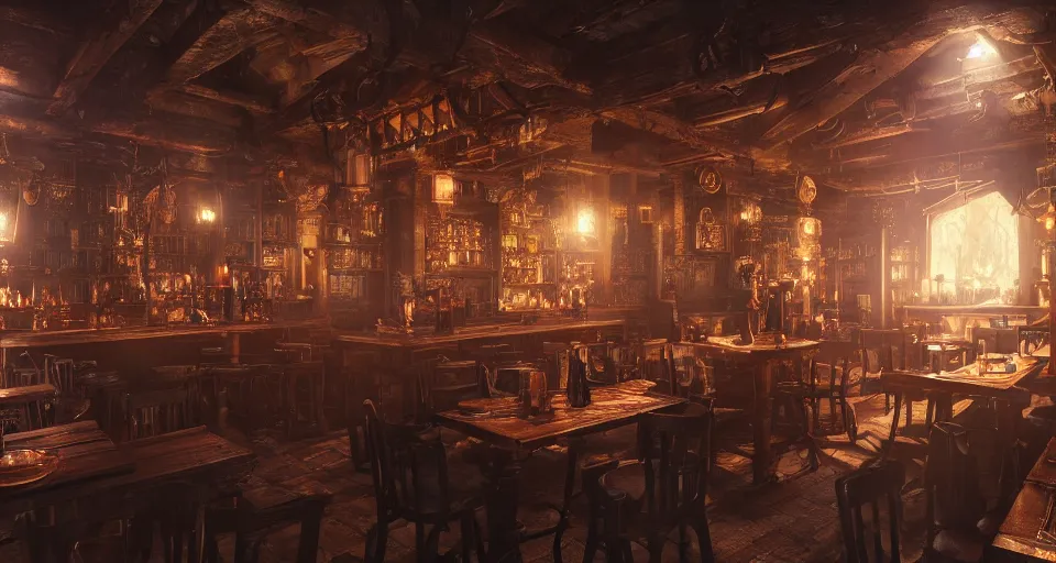 Image similar to alchemy tavern, hyperdetailed, artstation, cgsociety, golden hour 8 k, volumetric lighting