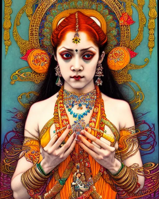 Image similar to beautiful and playful ginger hindu dancer, art nouveau, fantasy, intricate indian flower designs, elegant, highly detailed, sharp focus, art by chie yoshii