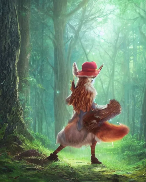 Image similar to Fox singer singing in forest, portrait, wearing hat, magical notes, fairy atmosphere, magic the gathering artwork, D&D, fantasy, cinematic lighting, centered, symmetrical, highly detailed, digital painting, artstation, concept art, smooth, sharp focus, illustration, volumetric lighting, epic Composition, 8k, art by Akihiko Yoshida and Greg Rutkowski and Craig Mullins, oil painting, cgsociety