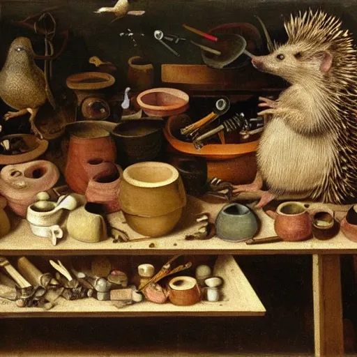 Prompt: painting of a hedgehog on a table in a ceramic workshop, holding a cup, surrounded by ceramicists tools and unfinished bowls, surrounded by an audience of pigeons and rats and squirrels and frogs, oil painting, northern renaissance art, oil on canvas, wet - on - wet technique, realistic, intricate textures, illusionistic detail