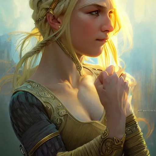 Prompt: an epic fantasy comic book style portrait painting of a young blonde girl thief, d & d, fantasy, joyful smirk, intricate, elegant, digital painting, artstation, extremely detailed, concept art, matte, sharp focus, illustration, art by artgerm and greg rutkowski and alphonse mucha