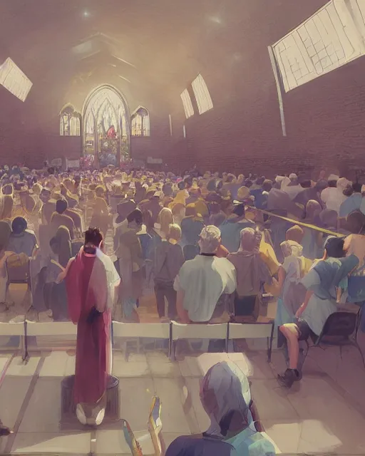 Image similar to craig mullins and ghibli digital illustration of a crowd in a futuristic church, priest, pews, ethereal, inviting, bright, unreal engine, hyper realism, realistic shading, cinematic composition, realistic render, octane render, detailed textures, photorealistic, wide shot