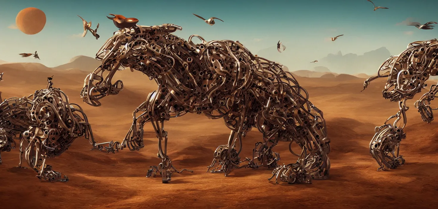 Prompt: highly mechanical animals roaming the desert, CGSociety digital art, naive art