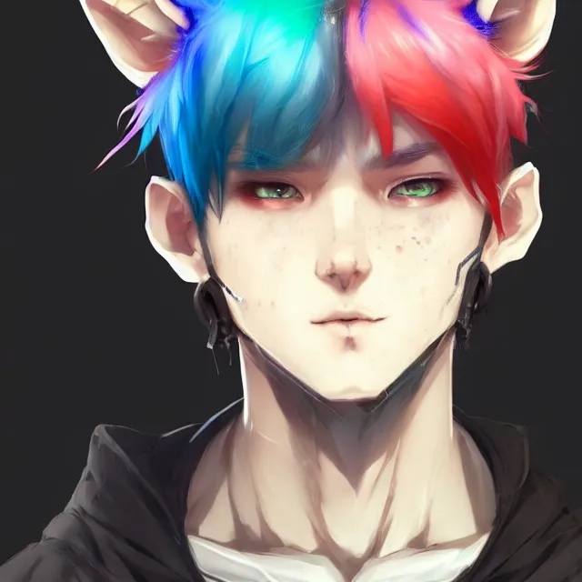 Image similar to character concept art of a cute cyberpunk boy with colorful hair and wolf ears and freckles | | cute - fine - face, pretty face, key visual, realistic shaded perfect face, fine details by stanley artgerm lau, wlop, rossdraws, james jean, andrei riabovitchev, marc simonetti, and sakimichan, trending on artstation