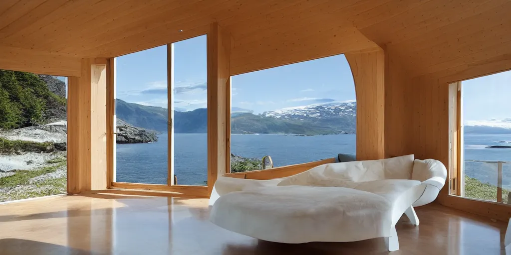 Image similar to modern norwegian fjord beach house designed by frank gehry, contemporary architecture, photography