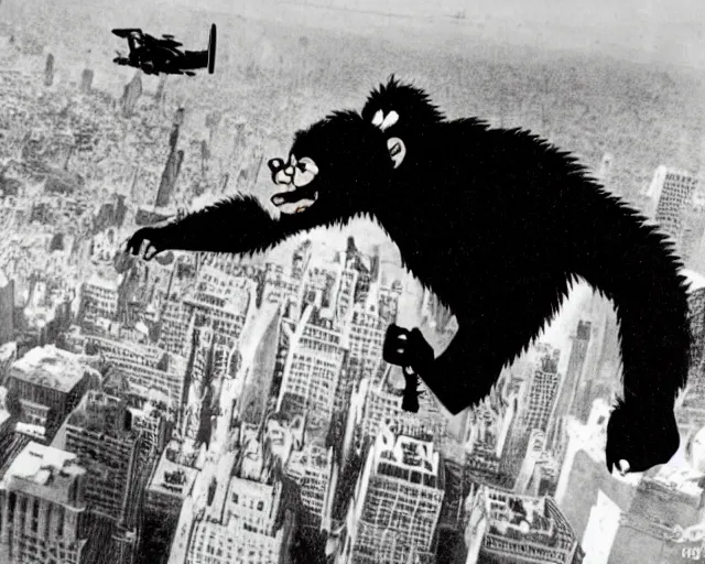 Prompt: anime king kong climbing the empire state building with bi-planes flying around him