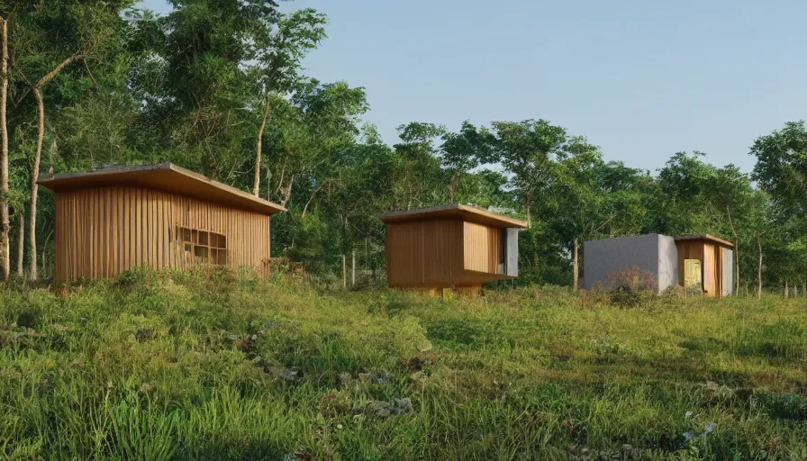 Prompt: A wide image of an eco-community neighborhood of innovative contemporary 3D printed prefab sea ranch style cabins with rounded corners and angles, beveled edges, made of cement and concrete, organic architecture, in a lush green forest Designed by Gucci and Wes Anderson, golden hour