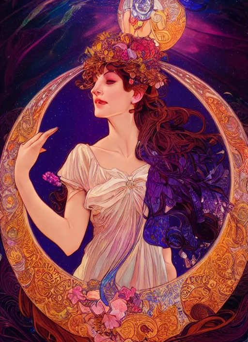 Image similar to Goddess of the Moon, ambient lighting, 4k, josephine wall, alphonse mucha, lois van baarle, ilya kuvshinov, rossdraws, artstation