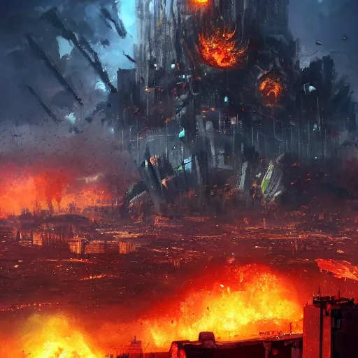 Image similar to a giant destroying a city, artstation.