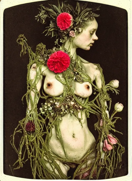 Image similar to beautiful and detailed rotten woman made of plants and many types of stylized flowers like carnation, chrysanthemum, roses and tulips, rococo ornamentation, intricate, surreal, john constable, guy denning, gustave courbet, caravaggio, romero ressendi 1 9 1 0 polaroid photo