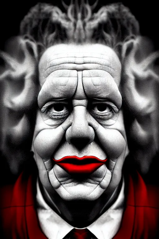 Prompt: DALL·E 2022-07-29 10.19.10 - dramatic portrait of ronald mcdonald by lee jeffries, synthwave digital art, best on artstation