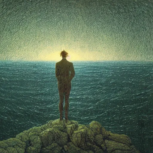 Image similar to small male with long curly hair figure in epic foggy deep sea, expansive view, dozens of thin glowing straight lines extend from ground into the sky, by Caspar David friedrich