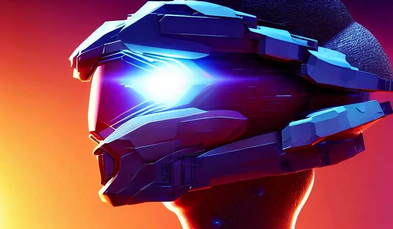 Image similar to cyberpunk halo helmet floating in space with reflections, epic, dramatic, photorealistic, award winning, 8k,