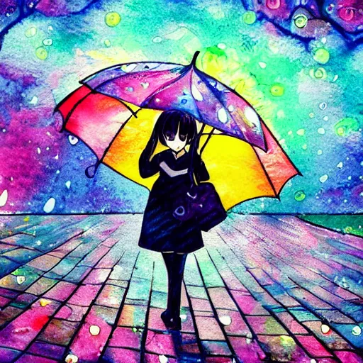 Prompt: rain, pattern, cute anime, vivid colors, watercolors, umbrella, girl