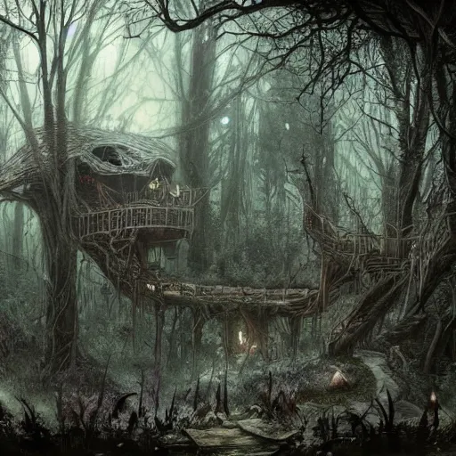 Prompt: dilapidated rotting treehouse, hidden away within the witchwood forest, evil fairies, overgrown, mist, detailed intricate ink illustration, dark atmosphere, detailed illustration, hd, 4k, digital art, overdetailed art, concept art, by greg rutkowski, by loish, complementing colors, Trending on artstation, deviantart