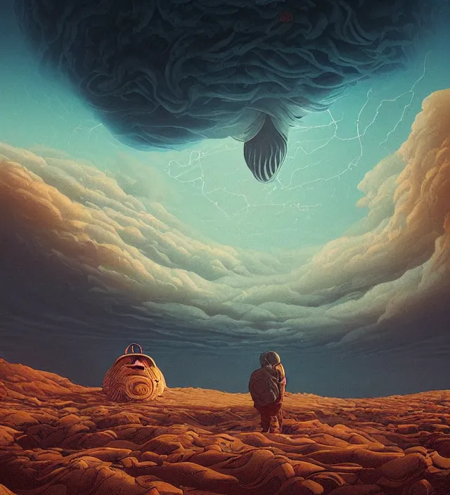 Image similar to a giant 🌊 swirling in the sky above a barren 🏜 by ivan shishkin and zacharias aagaard and simon stalenhag and dan mumford and josan gonzalez, surrealism, chiaroscuro, hyper detailed, high saturation, retrowave