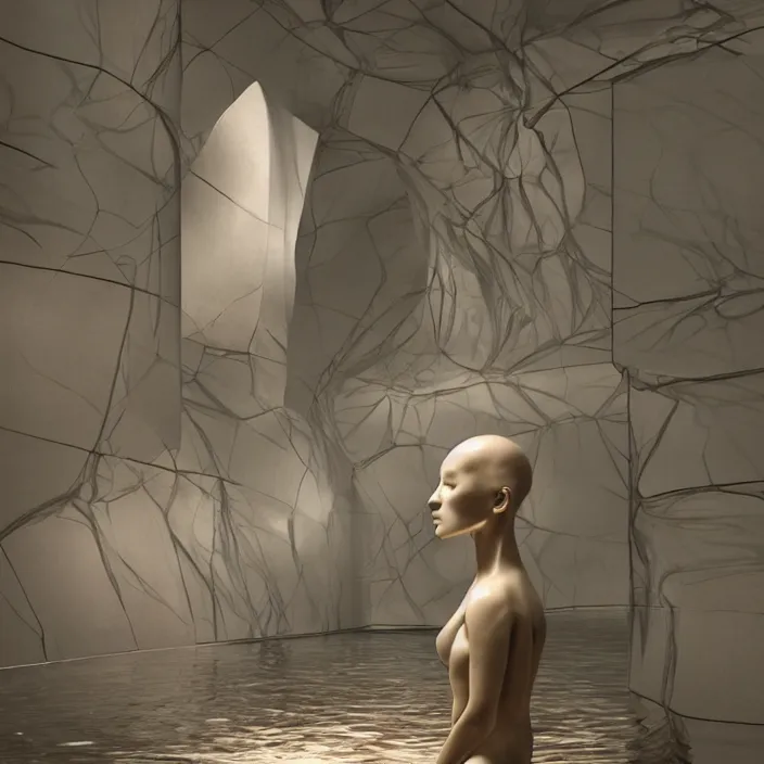 Image similar to hyperrealistic random objects in a surreal minimalistic dreamscape environment by salvador dali, enormous melting mannequin head statue, highly detailed, 3 d render, vray, octane, beautiful lighting, photorealistic, intricate, elegant, wayne barlowe, water, mirrors, doorway, beautiful, masterpiece, trending on artstation, artgerm, checkered floor