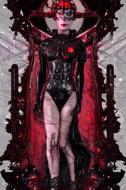 Image similar to full-body cyberpunk style sculpture of a young beautiful dark priestess, half android with a head opening exposing circuitry, glowing red eyes, black roses, flowing blood red colored silk fabric. baroque elements, candles, human skull, crows flying in background. full-length view. baroque element. intricate artwork by Caravaggio. Trending on artstation, cinematic lighting from the right, hyper-realism, octane render, 8k, depth of field, 3D, conceptual art