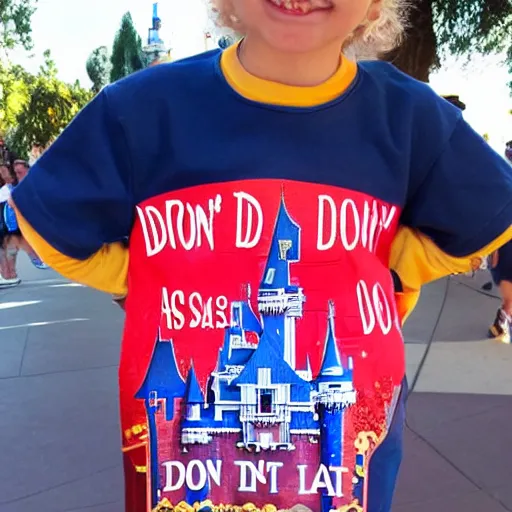 Prompt: walking around disneyland with shirt that says'i don't want to adults today ', highly detailed, high definition, ultra realistic