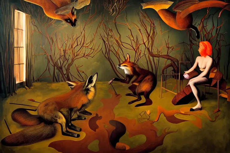 Image similar to ( ( a beautiful masterpiece painting ) a english fox hunter and a monster in a hunting lodge ( by ( remedios varo ) and ( anato finnstark ) and ( greg rutkowski ) and ( andy warhol ) and i ( francis picabia ) ) ( camouflage ) ( hyperrealism ) ( trending on artstation )