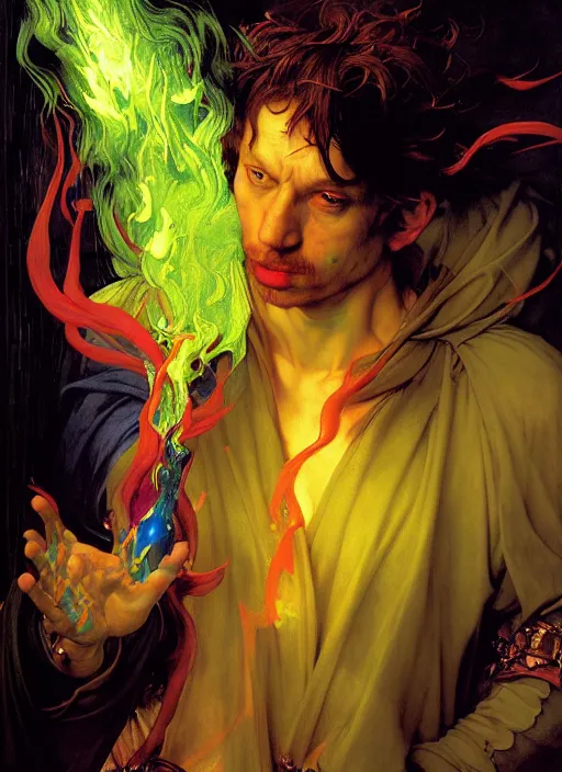 Prompt: wizard casting acid splash, dnd character art portrait, dramatic lighting, vivid colors by edgar maxence and caravaggio and michael whelan and delacroix.