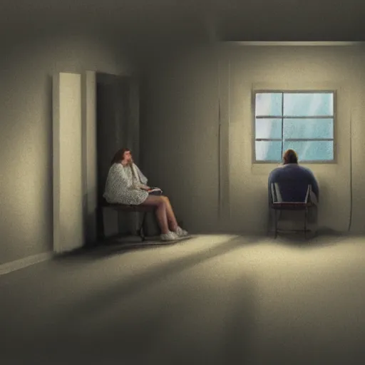 Prompt: a digital painting of people sitting in a room looking at the camera in a dark, trashed and depressing room. dramatic lighting coming from the open door behind the camera.