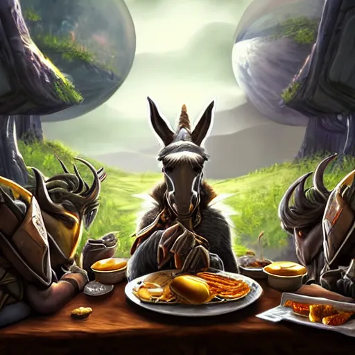 Prompt: ultrarealistic, ultradetailed, battle donkey eating breakfast, sitting on a futuristic table with aliens, at the end of the universe, very very very ultradetailed, epic fantasy style art, fantasy epic digital art, epic fantasy art, hearthstone style art