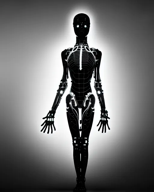 Prompt: black and white cyborg-plant goddess high quality photo, artificial intelligence, bio-mechanical bio-luminescence, artificial spider web, neurons, nerve cells, octane render, cinematic, rim light, hyper realism, photo-realistic, high detail, 8k, in the style of Steven Meisel and Dora Maar and H.G. Giger