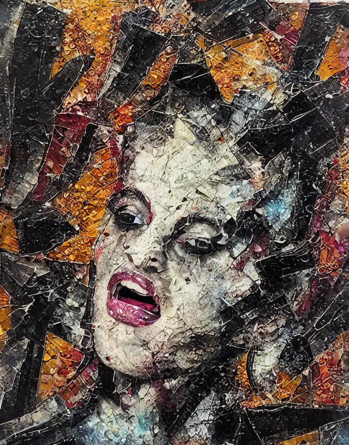 Prompt: screaming dynamism of icon detailed and highly reliefed analogue mixed media collage with canvas texture in style of contemporary art, punk art, photorealistic, expressionism, masterpiece, perfect composition, photorealistic beautiful face, spectacular quality, intricate oil details, shattered glass textures