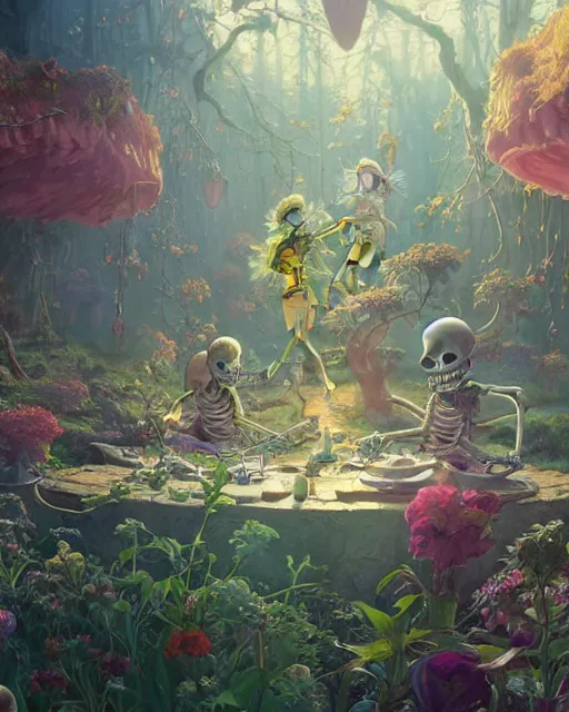 Prompt: highly detailed surreal vfx portrait of a happy skeletons in a fairytale world, stephen bliss, unreal engine, greg rutkowski, loish, rhads, beeple, makoto shinkai and lois van baarle, ilya kuvshinov, rossdraws, tom bagshaw, alphonse mucha, global illumination, detailed and intricate environment