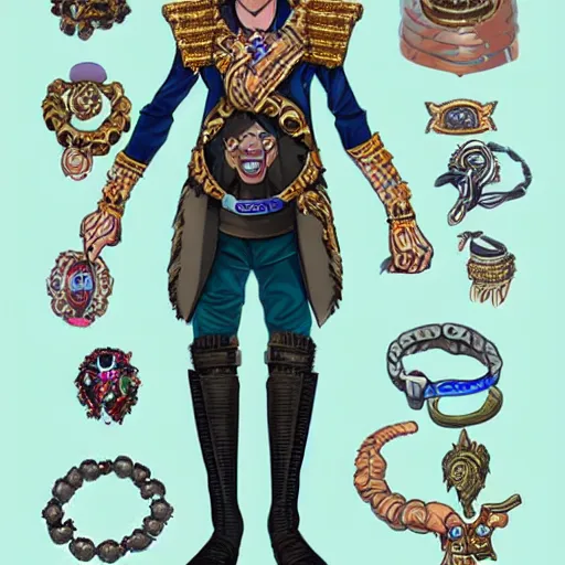 Prompt: a character final draft sheet of a handsome young man wearing excessive jewelry in a tasteful way