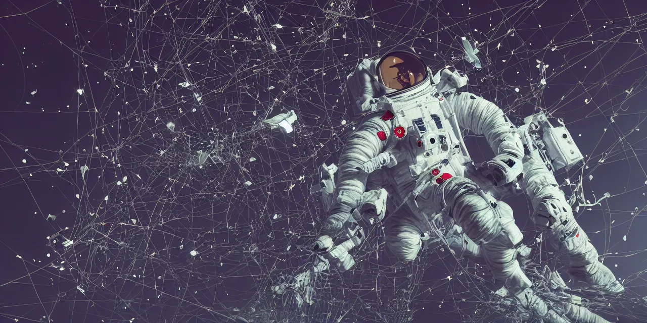 Image similar to astronaut entangled by a lot of cables, connected to a supercomputer designed by Dieter Rams, cinematic lighting, haze, moonlight, strong shadows, octane render, lens flare, particles, laser