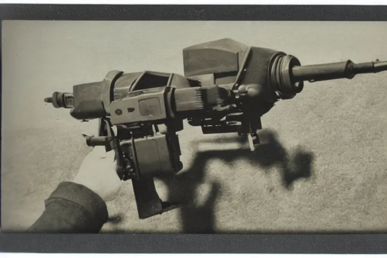 Image similar to old polaroid of a futuristic weapon in the world war 2