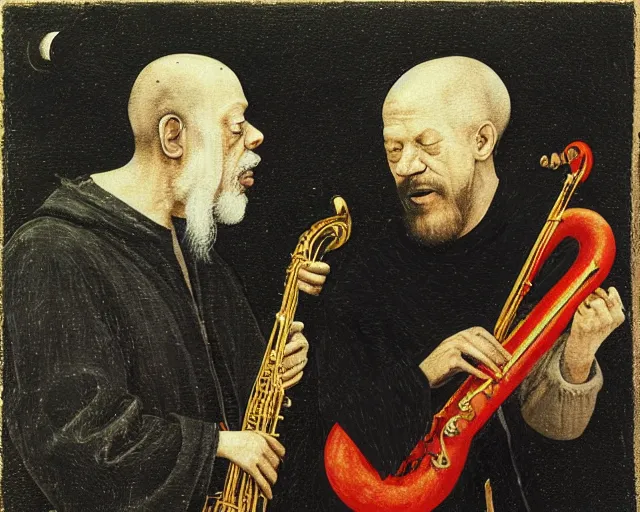 Image similar to ornette coleman and marc ribot by hieronymus bosch